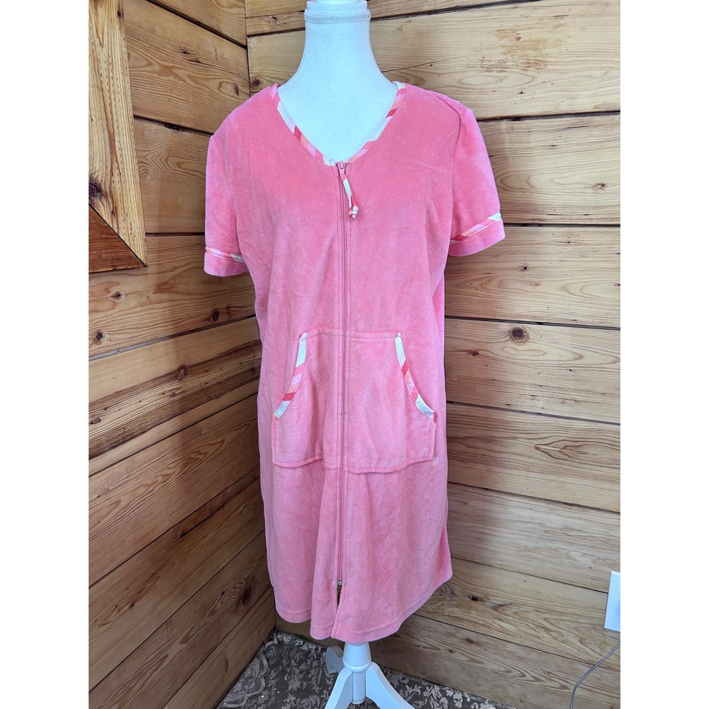 Vintage Pink Terry Cloth Zip‎ Front Robe Short Sleeve House Dress Pockets
